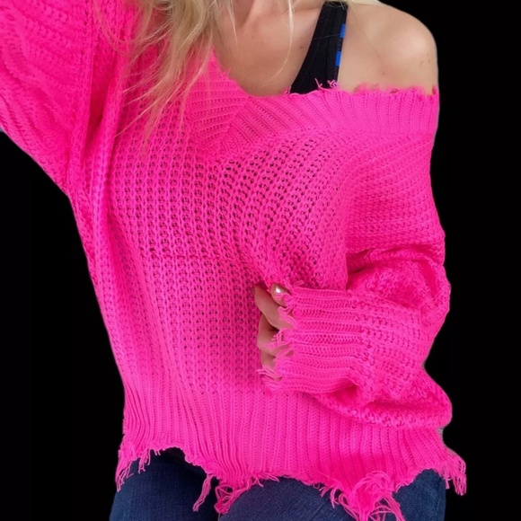 Oversized Relaxed Pullover Frayed Sweater Top - Picture 1 of 6
